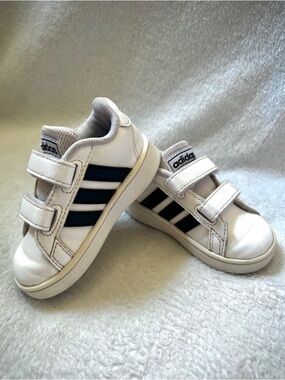 adidas Kids White Sneakers with Black Stripes Velcro